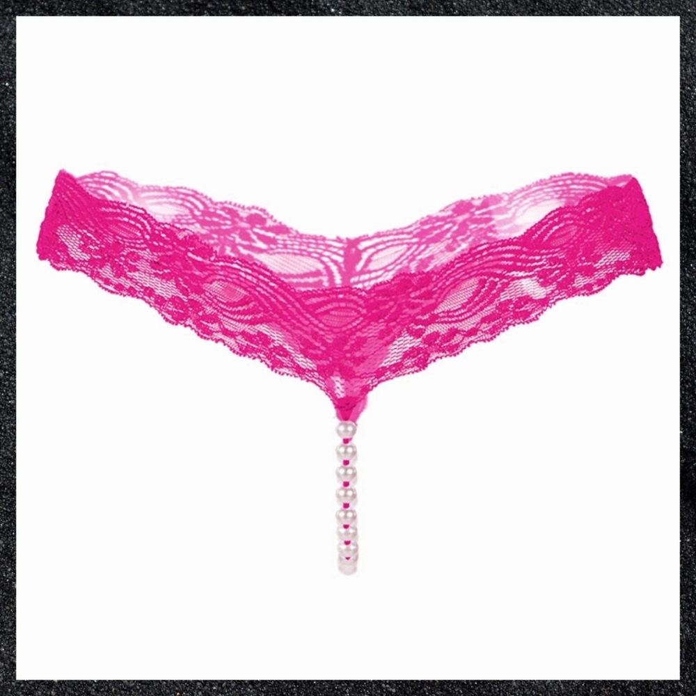 Dark Pink Lace Pearl Bead Crotch G-String Panty